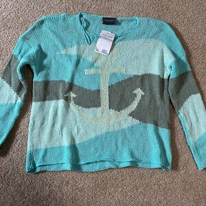 NWT Wooden Ships Dunescape Anchor Cotton Crewneck Sweater, Surf Jack Aqua, S/M